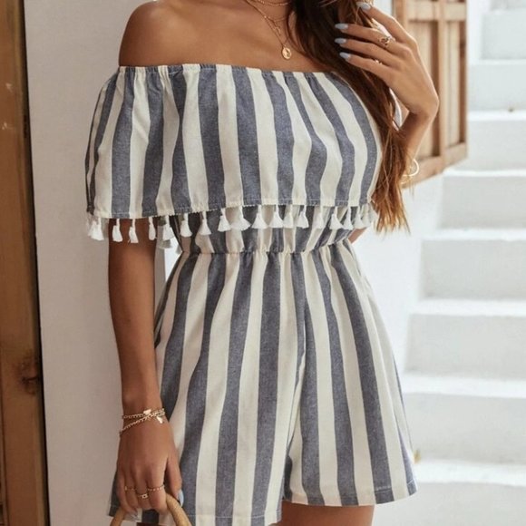 Striped Fringe Trim Off shoulder Bardot Mini Striped Print Romper - Picture 6 of 7
